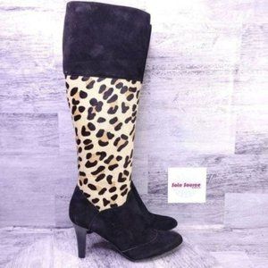 Vaneli Tall Leopard Calf Hair Suede Heeled Boot Black Tan Women's sz 7 NARROW